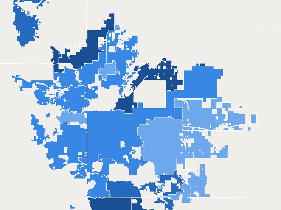 Map of Denver-area cities shaded by the AMI level that matches each city's median 2-bedroom rent